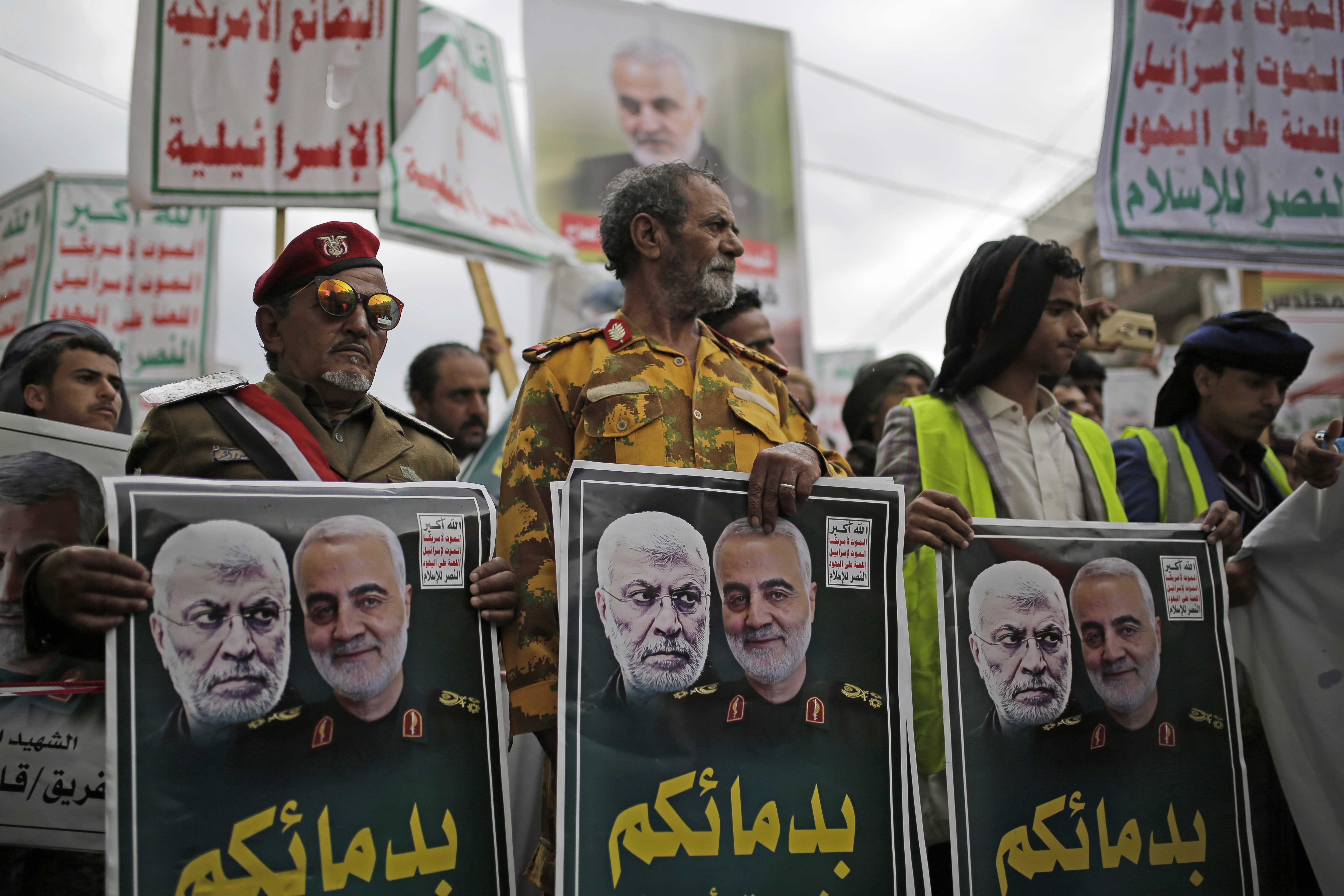 Yemeni Shiite Houti rebels mourn the termination of Iran’s top general Qassem Soleimani and his henchman Abu Mahdi al-Muhandis by a targeted U.S. missile strike. The two were in charge of Iran’s imperialist military projects in Lebanon, Syria, Iraq, Gaza and Yemen and responsible for hundreds of American deaths. 