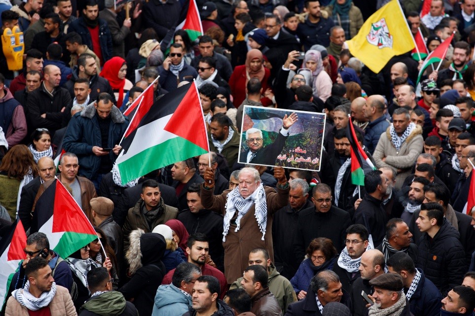 Palestinians in Ramallah demonstrate against the U.S. peace plan prior to Mahmoud Abbas’ speech at the U.N. in mid-February. Abbas called the plan, which promised Palestinian statehood and $50 billion in development funds, “illegal”—another among many missed opportunities over the decades to achieve sovereignty. 