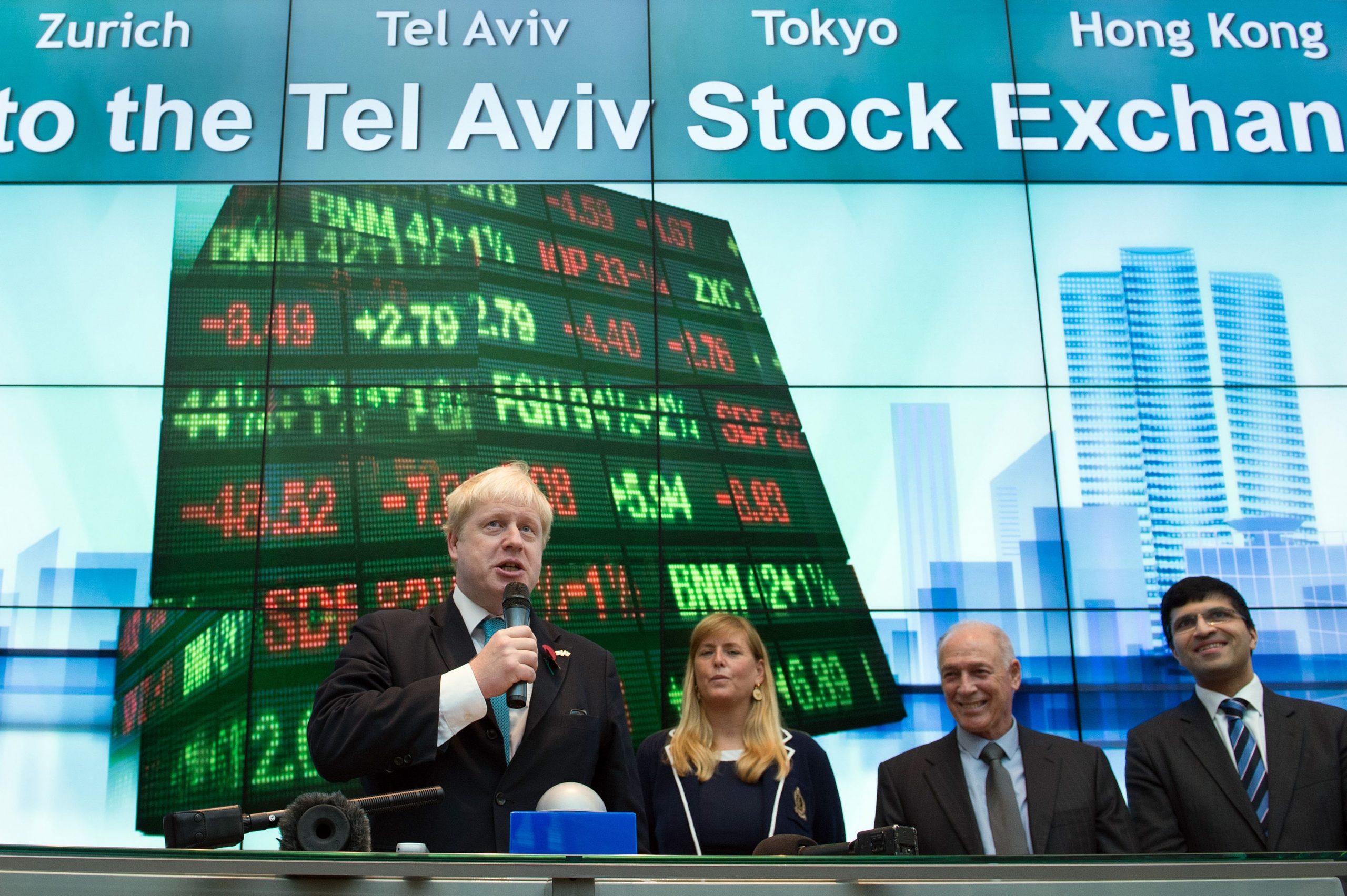 Britain’s Boris Johnson kicks off trading on the Tel Aviv Stock Exchange during a visit. Israeli companies have enjoyed record investments over the last year, underscoring the failure of efforts by the Boycott, Divestment and Sanctions movement to damage Israel economically.
