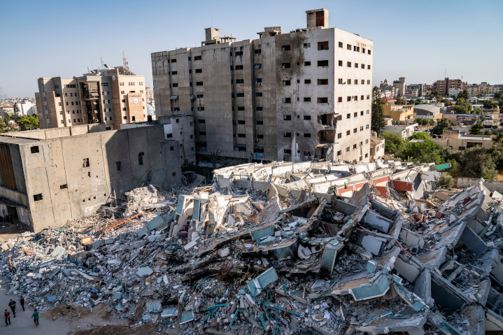 Rubble from a building that housed Hamas intelligence operations—as well as Associated Press and Al Jazeera press operations—destroyed by Israel after notice was given to inhabitants. A 15-year resident, the AP claimed it did not know Hamas also had offices in the building.