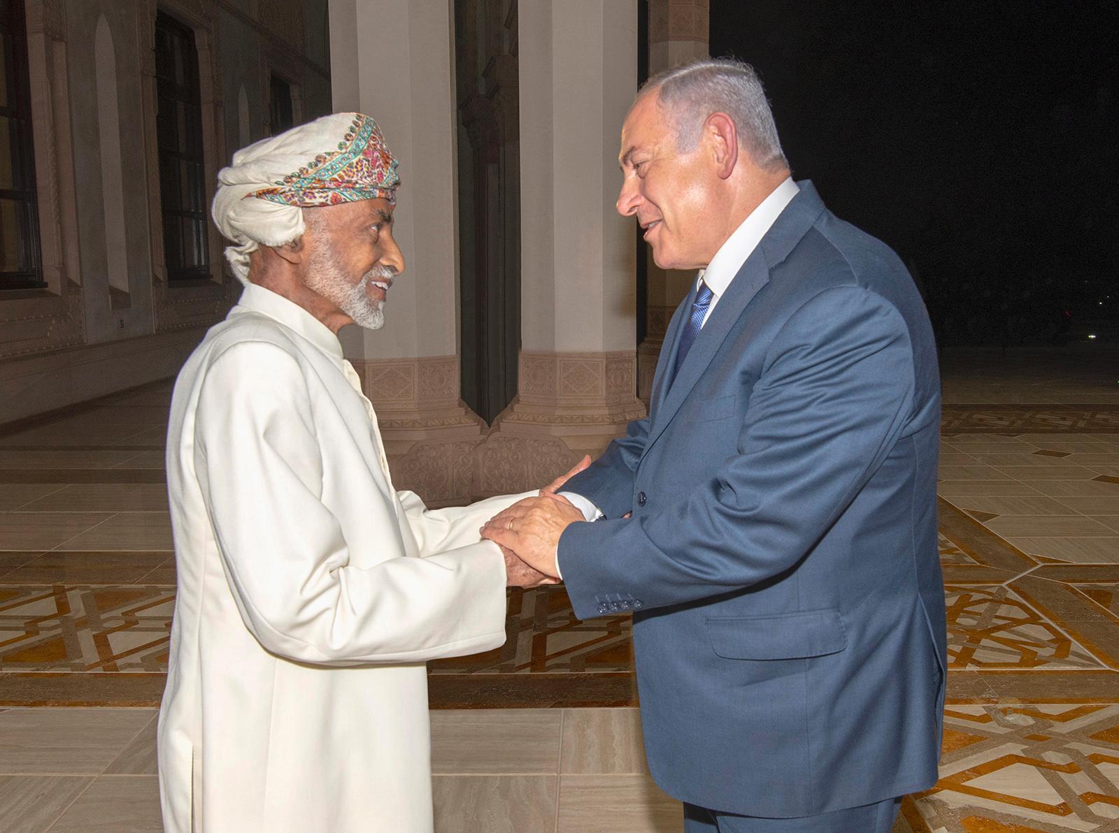 Oman’s Sultan Qaboos welcomes Israeli Prime Minister Netanyahu in Muscat, Oman in October 2018. Thanks for intensive efforts by Israel to forge closer relationships with Arab Gulf states, this was the first visit to Oman by an Israeli head of state since 1996.