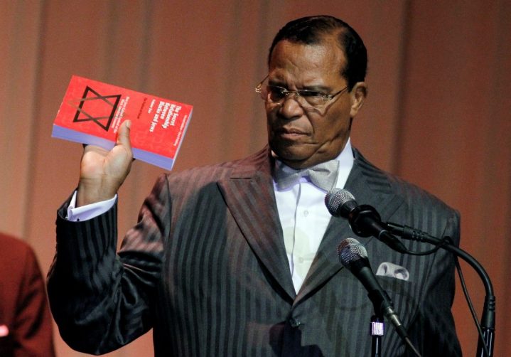 Hate preacher Louis Farrakhan, leader of the Nation of Islam, holds aloft his infamous tone “The Secret Relationship Between Blacks and Jews,” which disseminates a variety of myths about Jews. Farrakhan has been widely quoted by many celebrities recently, who have spread the libel that the Jewish people have no historic connection to the Land of Israel.