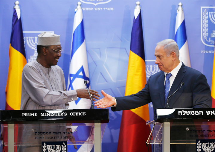 Israeli Prime Minister Benjamin Netanyahu, right, greets President of Chad Idriss Deby in Jerusalem last November. This was the first-ever visit of a president of Chad, which broke off relations with Israel in 1972. Chad, as well as African neighbor Malawi, recently announced plans to open diplomatic missions in Jerusalem.