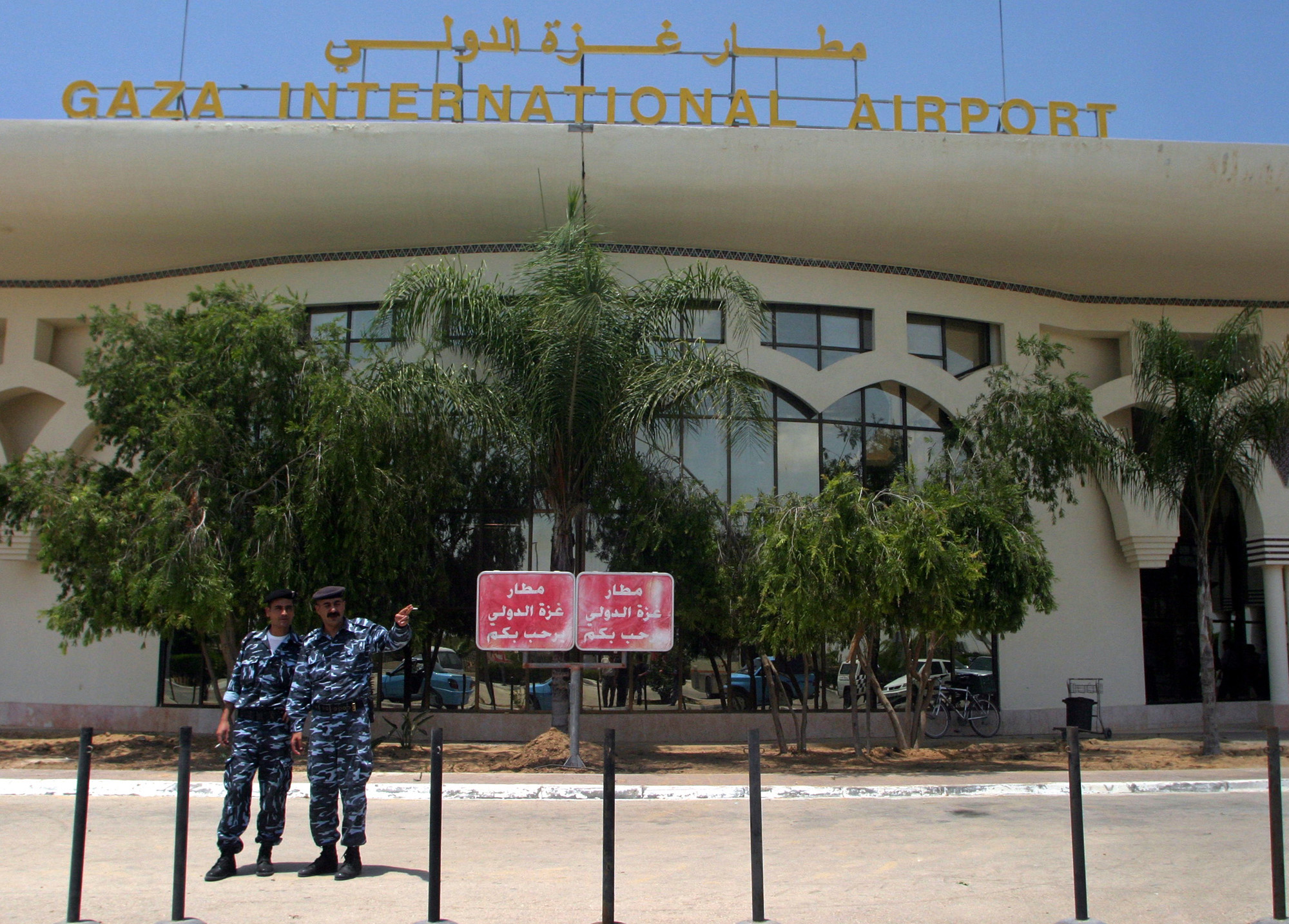 A pair of lonely guards stand in front of the defunct Palestinian airport in Gaza. The equally defunct Palestine Airlines hasn’t flown a flight in almost 20 years, but the corrupt Palestinian Authority budgets tens of millions every year for “airline/airport operations.”