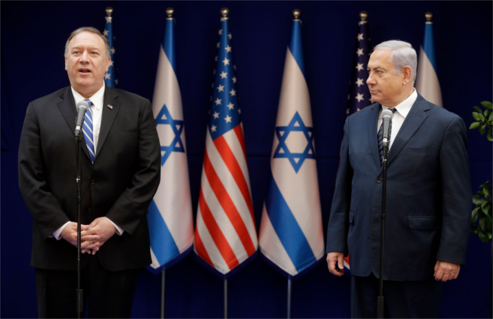 U.S. Secretary of State Mike Pompeo meets with Israel’s Prime Minster Bibi Netanyahu. Secretary Pompeo announced last month that America considers Israel’s communities in Judea and Samaria to be legal, reversing the Obama policy promulgated by former Secretary John Kerry in December, 2016 at the UN Security Council. 