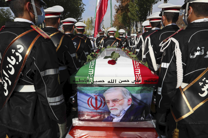 Military funeral for Mohsen Fakhrizadeh, brigadier general in Iran’s Islamic Revolutionary Guard Corps (IRGC) and “father of Iran’s nuclear bomb,” who was assassinated near Tehran by unknown assailants. Fakhrizadeh was under U.S. sanctions for his both his roles.