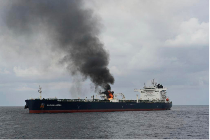 An oil tanker in the Gulf of Aden burns after being hit by a missile launched by the Houthis, one of Iran’s many proxy terrorist militias in the region. To stop Iran’s drive for Islamist rule over the Middle East, the U.S. and allies must attack Iran itself to show the high cost of its belligerence. 