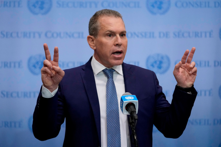 Israel U.N. Ambassador Gilad Erdan at the United Nations Security Council, which issued a statement expressing disapproval of Israel’s intention to expand Jewish communities in the disputed territories of Judea and Samaria. Sadly, the United States voted with the majority.