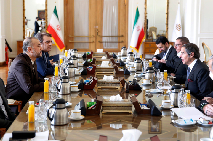 International Atomic Energy Agency Director General Rafael Mariano Grossi (front right) meets with the Iran nuclear negotiators in Vienna, Austria. Missing is American representative Robert Malley, because Iran will not allow the President Biden’s delegate to the talks into the same room with them.