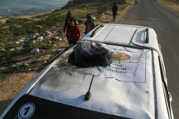 Vehicle used by World Central Kitchen after it was mistakenly attacked by an Israeli airstrike, resulting in the deaths of seven aid workers. Accidents like this are common, as evidenced by numerous such events caused by American forces in warzones, due largely to the “fog of war.”