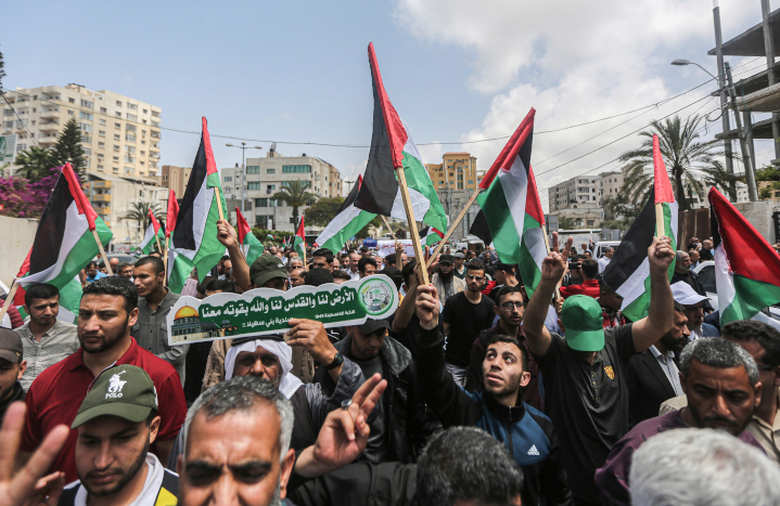 A Nakba Day rally in Gaza, where Palestinians perpetuate their myth of a “catastrophe” caused by Israel in 1948. In reality, their current predicament of statelessness was created by their treacherous Arab brethren and the Palestinians themselves.