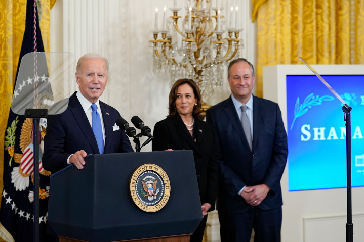 Joseph Biden with VP Harris and her Jewish husband Doug Emhoff smile approvingly as the President announces his fight against antisemitism using a strategy that deceptively whitewashes anti-Zionism or any form of antisemitism that demonizes or delegitimizes the Jewish state.