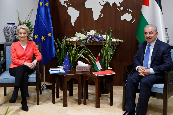 European Commission Ursula von der Leyen meets with Palestinian Prime Minister Mohammad Shtayyeh. The EU spends over 300 million euros a year in its program to seize land by building mostly illegal, unpermitted structures in Judea and Samaria (West Bank) under Israeli control.