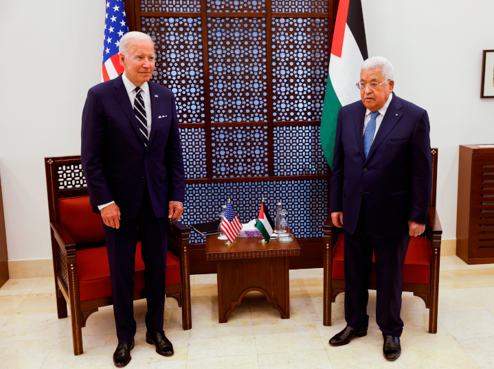 U.S. President Biden and Palestinian President Mahmoud Abbas meet in Bethlehem. Though Biden released some $550 million in Palestinian aid this year, he refuses to back the Palestinian bid for a state from the UN Security Council, saying negotiations with Israel must come first.