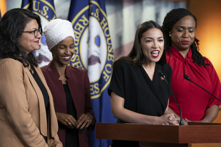 Alexandra Ocasio-Cortez scolds while other members of The Squad—Ilhan Omar, Rashida Tlaib and Ayanna Pressley—smirk. This group of U.S. Representatives consistently—and falsely—malign Israel, and recently led efforts to defund Israel’s Iron Dome anti-missile defense system.