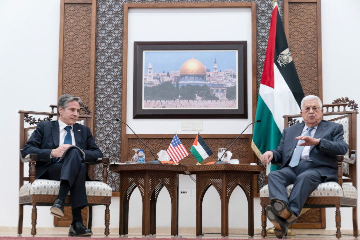 U.S. Secretary of State Antony Blinken meets with President Mahmoud Abbas in the Palestinian capital, Ramallah—just 11.5 miles from Jerusalem—in the disputed territories of Judea and Samaria. The State Department wants to open a Palestinian consulate in Israel’s capital.