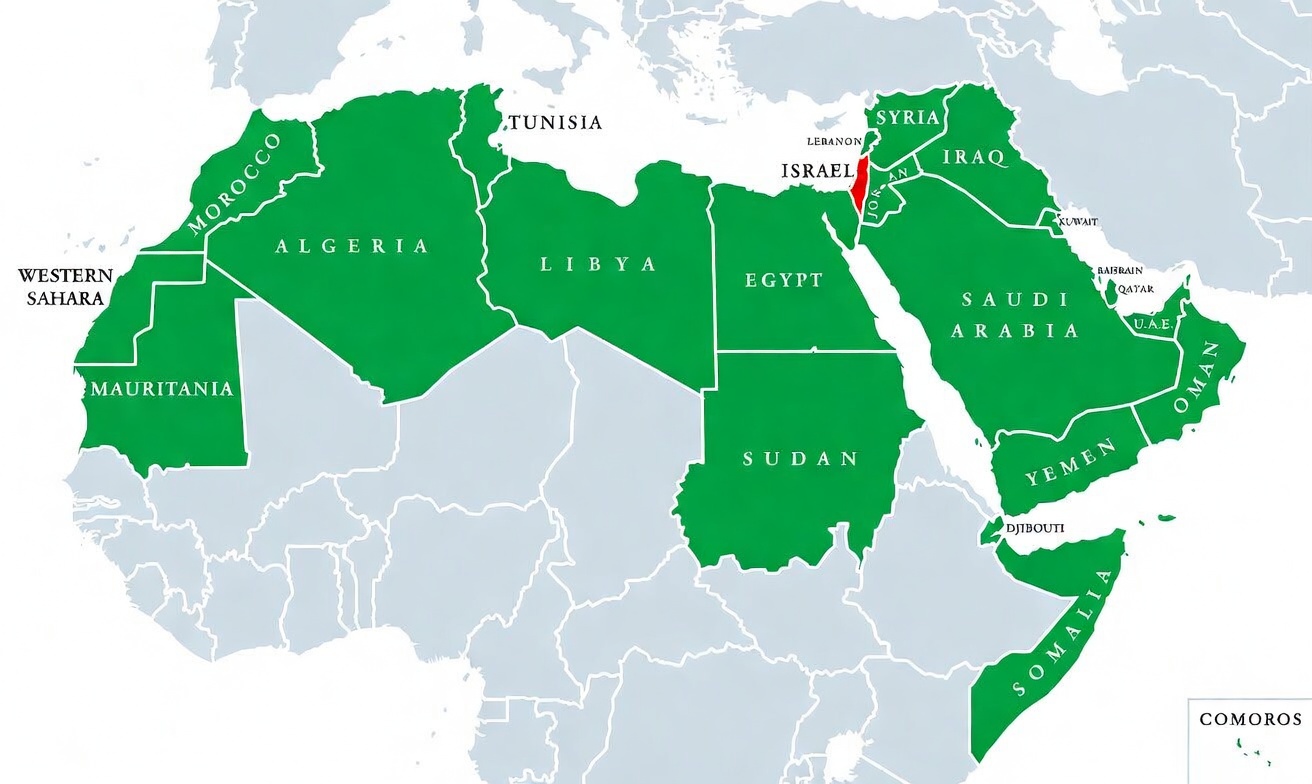 The land mass of today’s Arab-Muslim world—the product of some 1,300 years of aggressive, often brutal colonialism—dwarfs the size of Europe and the United States, as does its 470 million population. Yet it is tiny Israel (in red) that is constantly accused of being a colonial enterprise.
