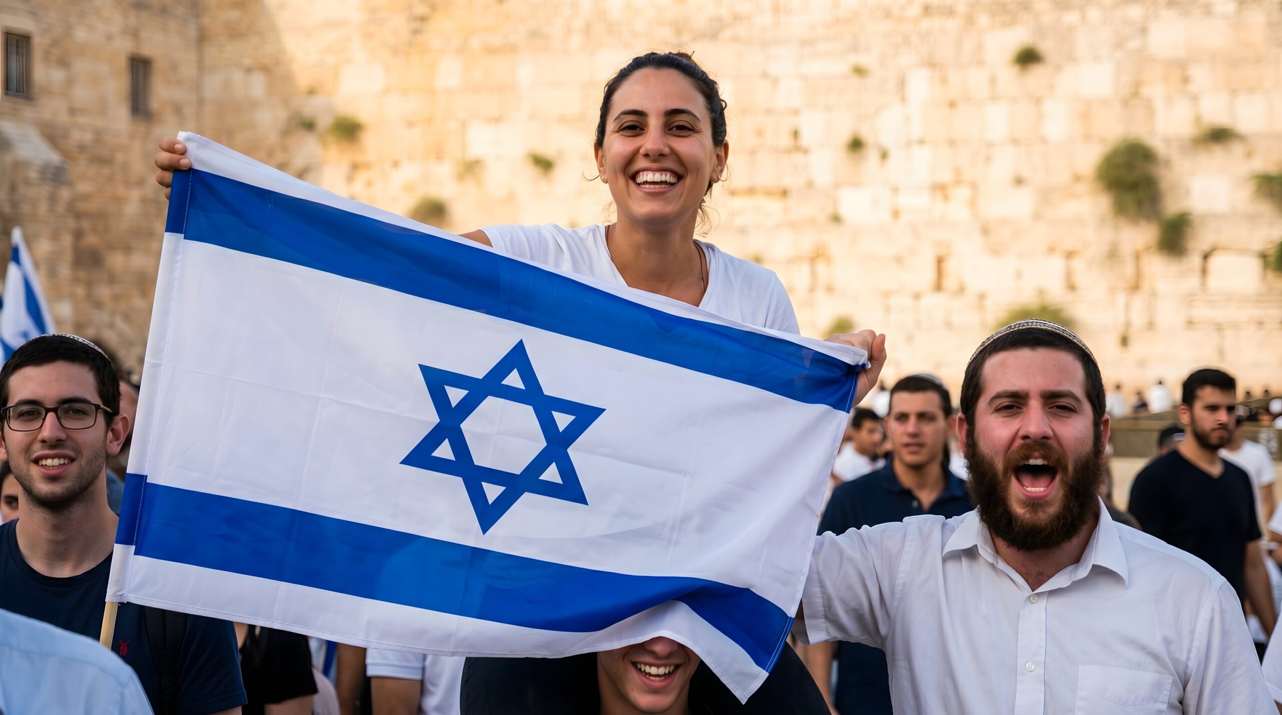 Joyful Young People Celebrating with Israeli Flag Near Ancient Wall in Jerusalem