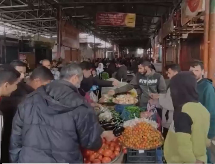 Palestinians at a food market in Rafah. Food is plentiful in the Gaza Strip—if you can afford it. Hamas steals most food aid meant for ordinary Gazans, forcing them to pay outrageous black-market prices. Yet, the media, UN and NGOs blame Israel for Gazans going hungry.