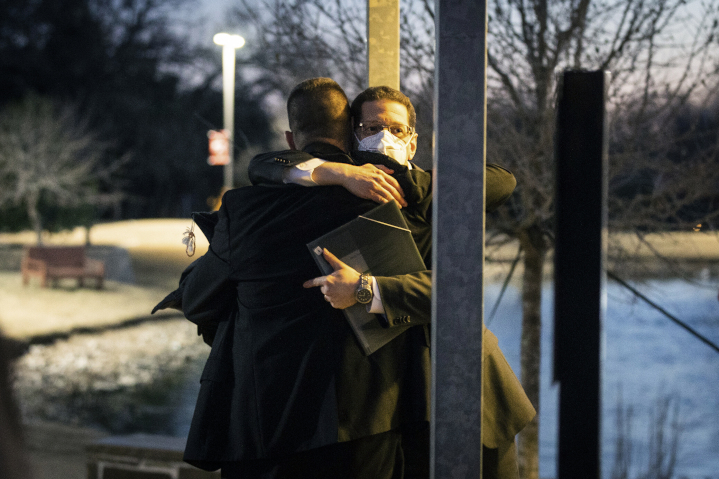 A congregant greets Colleyville, Texas Rabbi Charlie Cytron-Walker after hostage-taking by a Muslim terrorist demanding freedom for an avowed hater of Jews and Israel. Government leaders and the press failed to attribute the terrorist’s motives to anti-Semitism.