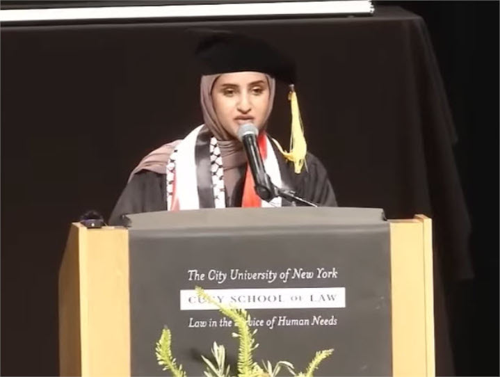 During her antisemitic commencement speech, CUNY Law School graduate, Fatima Mohammed falsely accused Israel of murdering and lynching Palestinians and called also for a revolution against American “white supremacism,” capitalism and imperialism. Deans and faculty cheered.
