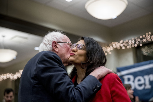 U.S. House Representative Rashida Tlaib, who last week—again with no evidence—accused Israel of being an apartheid state, here embraces fellow ultra-left “progressive” Bernie Sanders. Tlaib also says progressives can’t support Israel.