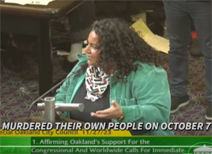 An Oakland City employee testifies to the Oakland City Council, falsely claiming that Hamas is not a terror group and that Israel actually murdered its own people on October 7th. The Council voted to demand an immediate ceasefire in the Israel-Hamas war.