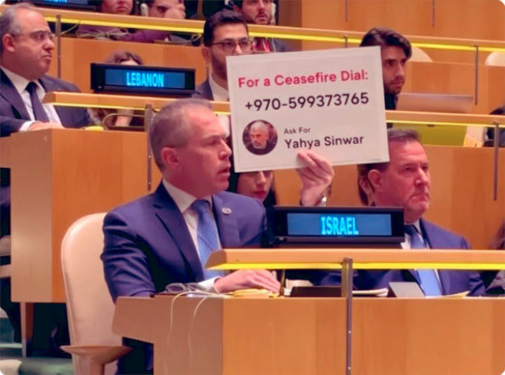 Gilad Erdan, Israel’s U.N. ambassador, during a General Assembly debate, tells those who support a ceasefire in the Israel-Hamas war to phone the terror group’s strongman, Yahya Sinwar, A ceasefire now would be disastrous, allowing Hamas to resume attacks on Israel.