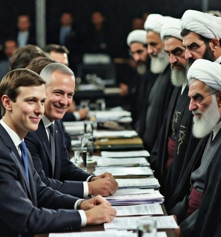 Cheerful American real-estate negotiators try to convince Iranian mullahs to disobey Allah, by giving up nuclear weapons and their commitment to conquer Western civilization (AI-imagined photo). Does President Trump really believe he can make a deal with Iranian fanatics? 