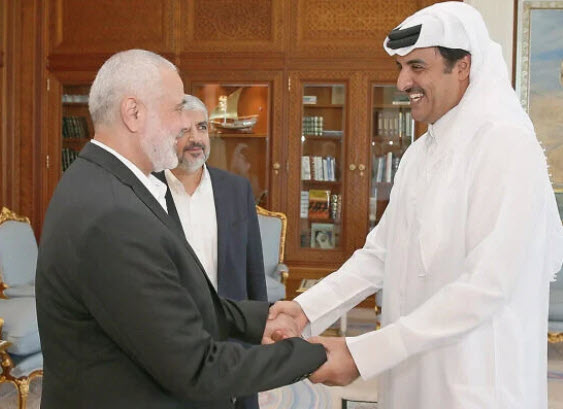 Qatar’s Emir al-Thani meets with Hamas leaders Ismail Haniyeh and Khaled Mashal in Doha, host location of Hamas exiles. While the U.S. alliance with Qatar provides tangible benefits, its support of Islamist terrorists and ideology seriously undermines America’s values and interests 