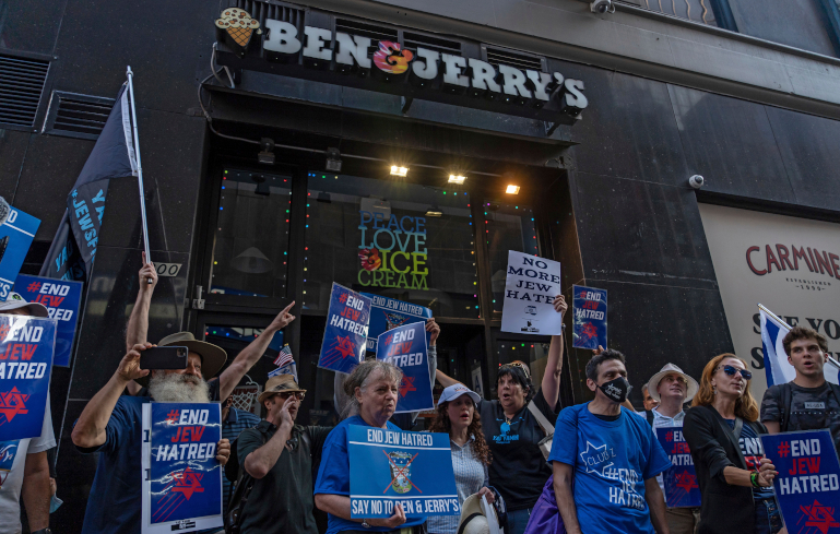 Protestors against Jew hatred in New York City made Ben & Jerry’s stores a prime target, based on the company’s embrace of Boycott, Divestment and Sanctions (BDS) against Israel, which are outlawed in 35 states and many nations globally as anti-Semitic.