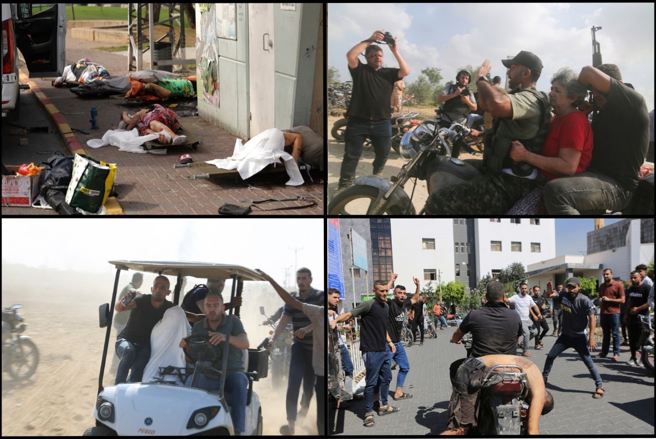 Photos from the Hamas invasion of Israel. From top left, clockwise: Five dead civilians in Sderot, a woman hostage with Hamas captors, a dead Israeli soldier in Gaza, and another hostage, possibly a child. Some 700 Israelis were killed and an estimated 100 hostages taken.