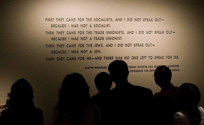The words of anti-Nazi German Lutheran minister Martin Niemöller are part of an exhibit at the United States Holocaust Museum. He warns against authoritarians targeting unfavored groups, such as Boston BDS has done with its Mapping Project, which names Jewish and non-Jewish groups for “dismantling.”